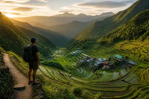 Traveler overlooking Ifugao rice terraces near Batad at golden hour