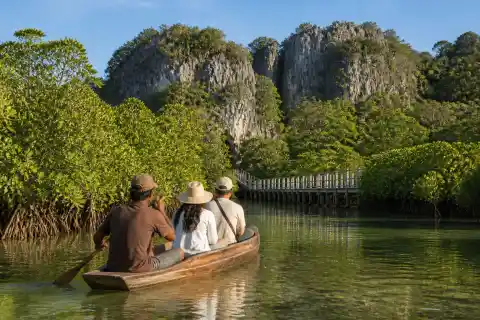 Paddle boat and guide approaching Lamanok mangroves and limestone outcrops in Anda