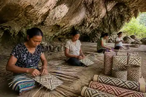 Weavers hand-weaving tikog banig inside Saob Cave, Basey