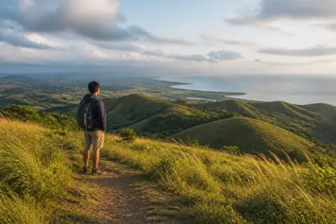 Traveler at Blue Heaven upland viewpoint above green hills with Anda coastline and sea in the distance