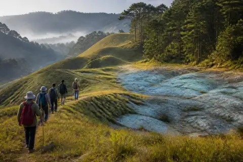 Hikers on a grassy ridge by pale blue-green mineral soil and pine forest in Sagada morning light