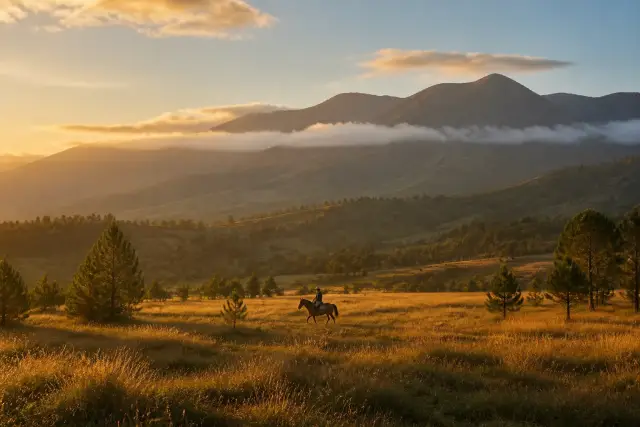 Horseback rider crossing Bukidnon grassland with mountains in the background