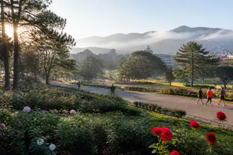 Early-morning view of Burnham Park with paths, rose garden and pine trees in Baguio