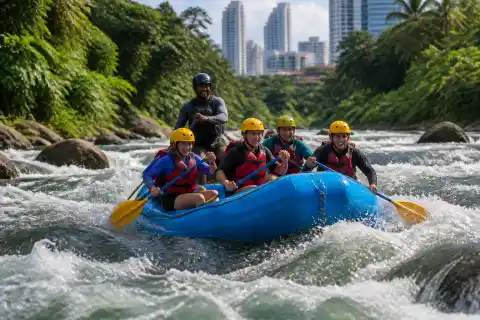 Guided raft with paddlers navigating a rapid on the Cagayan de Oro River
