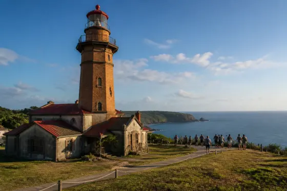 Cape Santiago Lighthouse brick tower and coastal grounds at Calatagan