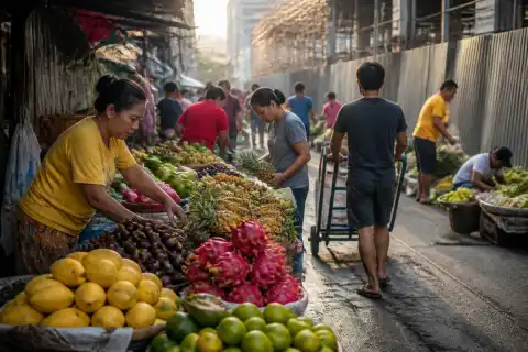 Early-morning produce lane at Carbon Market with vendors and colorful tropical fruit