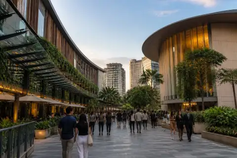 Ayala Malls Circuit promenade with shoppers and the Samsung Performing Arts Theater