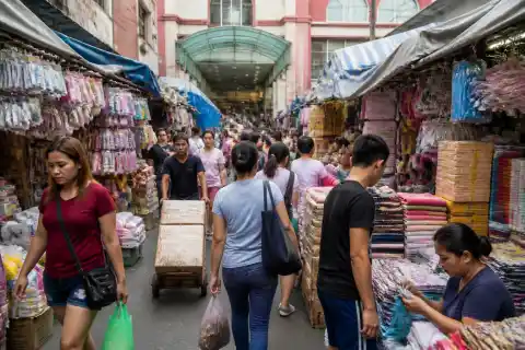 Crowded Divisoria market lane with shoppers and street stalls