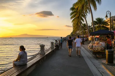 Rizal Boulevard waterfront promenade in Dumaguete with pedestrians and bay view