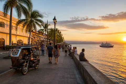 Rizal Boulevard in Dumaguete with a parked tricycle and bay at sunset