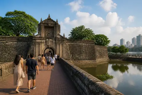 Visitors at Fort Santiago’s monumental gate and Plaza de Armas in Intramuros, Manila