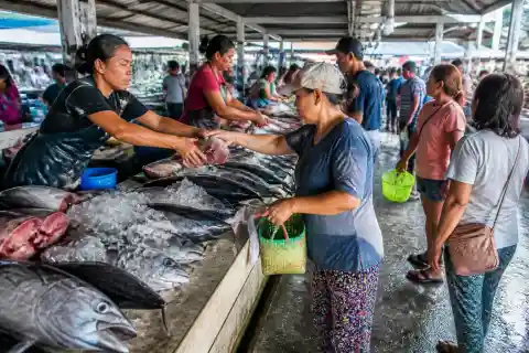 Morning at General Santos public market with tuna stalls and vendors