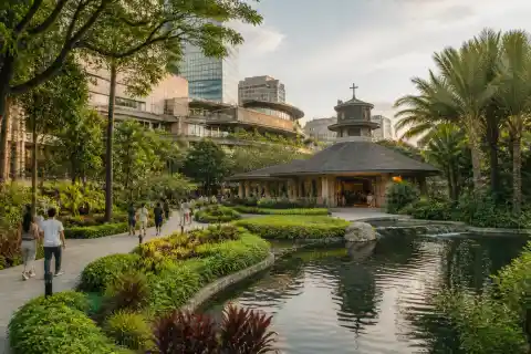 Greenbelt Park central garden with pond and Sto. Niño de Paz Chapel, Greenbelt mall buildings behind