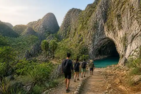 Hikers and local guide approaching limestone karst cliffs and cave pool near Barangay Conel, General Santos