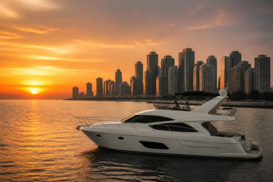 Manila Bay sunset with a yacht and city skyline