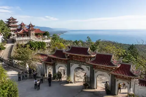 Ma-Cho Temple terraces and red-tiled roofs overlooking San Fernando and the sea