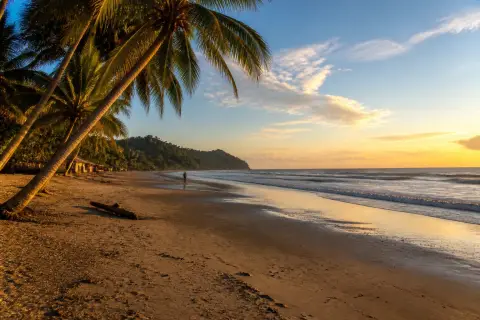 Quiet west-facing sandy shoreline at Makatombaten Beach with coconut palms and sunset reflections