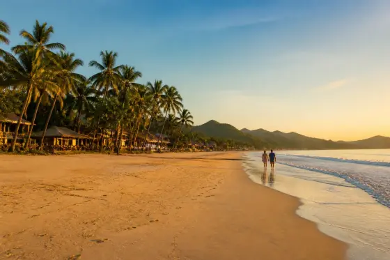 Long sandy Nacpan Beach with coconut palms and beachfront resorts at golden hour