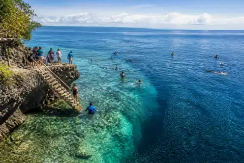 Snorkelers at Napaling Reef near a steep drop-off and a dense sardine school