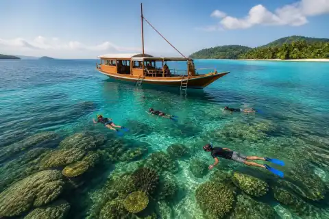 Expedition boat and snorkelers over a shallow reef near Balabac, Palawan