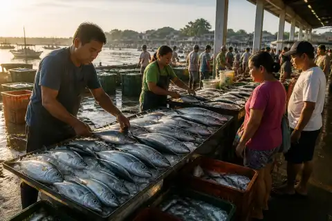 Early-morning Dagupan fish market with iced bangus and vendors