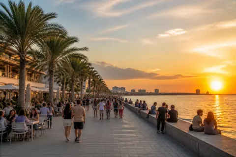 Walkers on the SM Mall of Asia waterfront promenade at sunset
