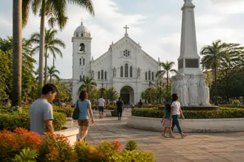 Plaza Cuartel memorial grounds with the Immaculate Conception Cathedral behind in Puerto Princesa