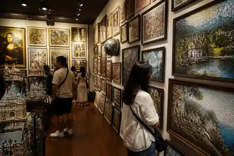 Interior of Puzzle Mansion with framed jigsaw puzzles on the walls