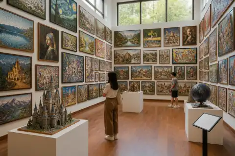 Interior gallery of Puzzle Mansion with walls covered in completed jigsaw puzzles