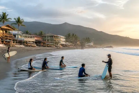 Sunrise at Sabang Beach, Baler with beginner surfers and beachfront buildings
