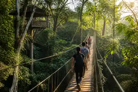 Hikers crossing a hanging bridge on the Paranas ecotrail in Samar's lowland forest
