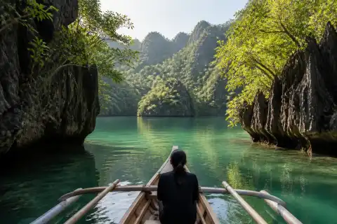 Small boat entering a calm lagoon at Sohoton Cove, Bucas Grande