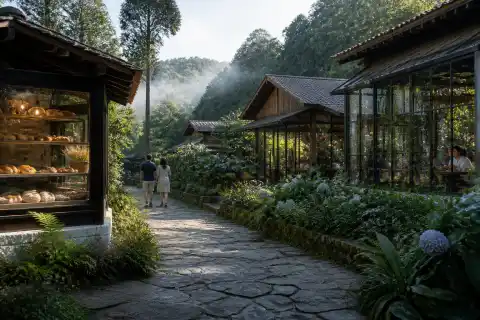 Shaded garden dining area and pathway at Sonya’s Garden with cottages in the background