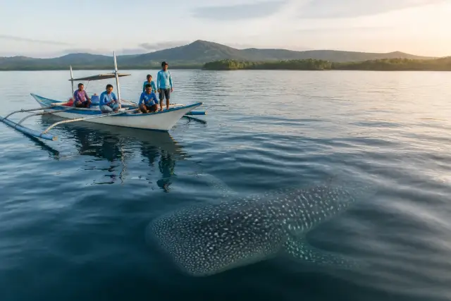 Outrigger banca approaching a whale shark in Donsol Bay at sunrise