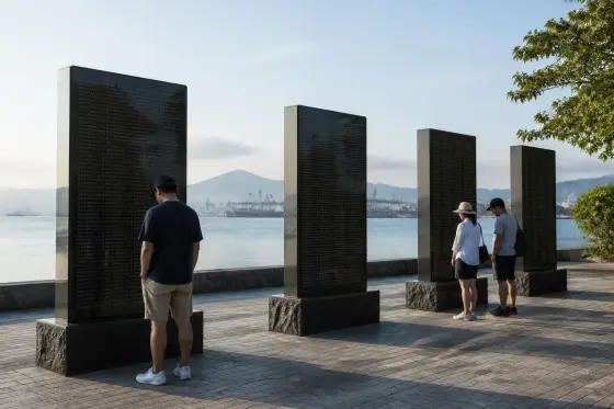 Four black granite memorial monoliths on the Subic Bay waterfront with the bay in the background