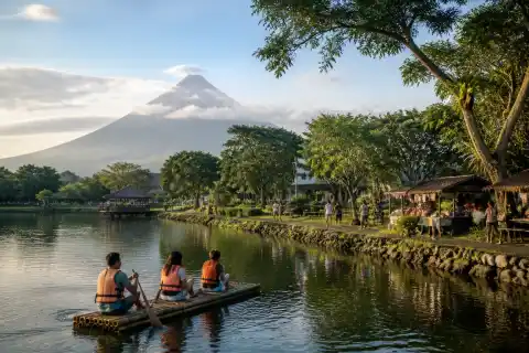 Bamboo raft on Sumlang Lake with Mayon Volcano in the background