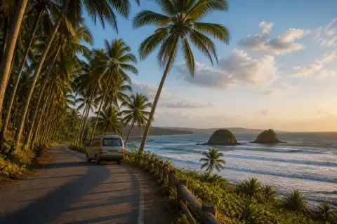 Coconut-lined coastal road and Pacific viewpoint on Siargao