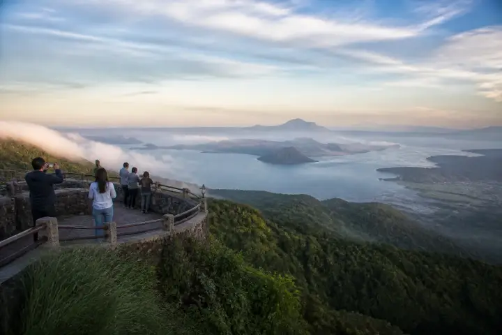 Viewpoint on Tagaytay ridge overlooking Taal Lake and Volcano in cool morning light