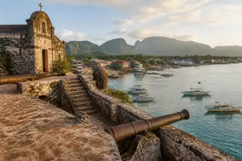 Fort Santa Isabel and Taytay Bay with anchored boats