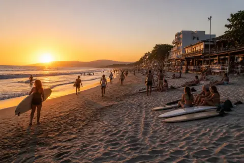 Surfers and beachfront cafés at Urbiztondo Beach, San Juan, during sunset