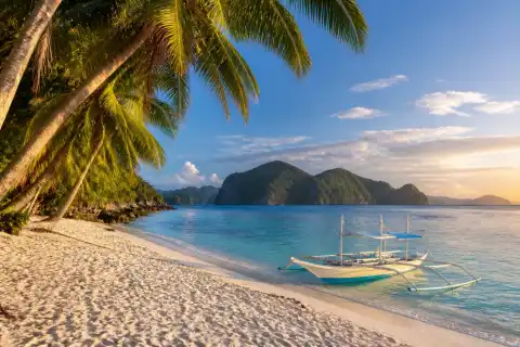 White-sand beach with a small outrigger boat and coconut palms in the Visayas