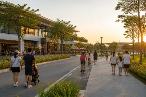 Walkers and cyclists on a landscaped estate road in Vermosa, Imus, with mall buildings in the background