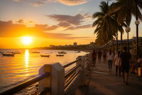 Sunset at Paseo del Mar promenade with boats and silhouetted palms in Zamboanga City