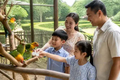 Family feeding colorful birds in an outdoor aviary at Zoocobia Fun Zoo, Clark