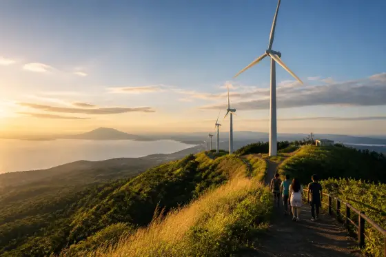 Pililla Wind Farm turbines on a grassy ridge overlooking Laguna de Bay at golden hour