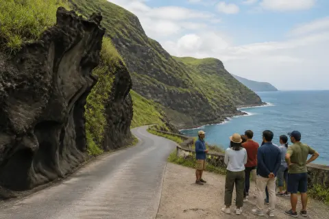 Wind-sculpted coastal rock, narrow road and Pacific at Alapad, Uyugan