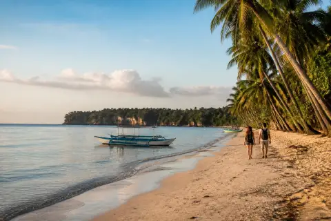 Quinale Beach shoreline with coconut trees and small boats in Anda, Bohol