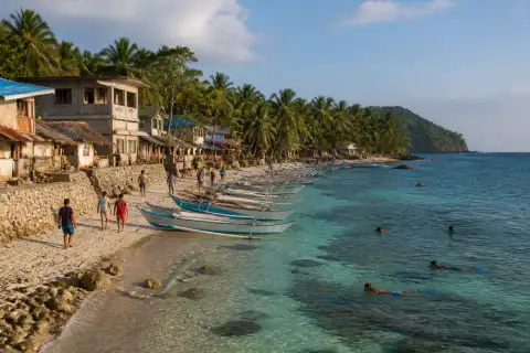 Apo Island village shoreline with moored outrigger boats and snorkelers