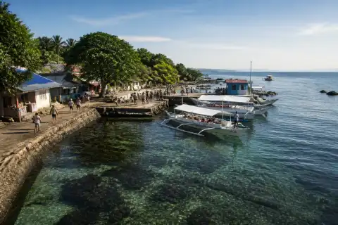 Apo Island shoreline with jetty, passenger bancas and village houses
