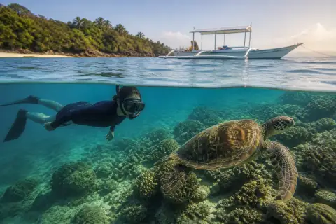 Snorkelers observing a green sea turtle over a shallow coral reef near Apo Island